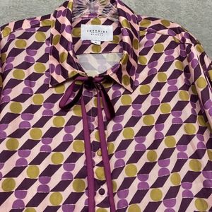 The Shirt Rochelle Behrens Top Womens XL Purple Green Button Up Silky Office
